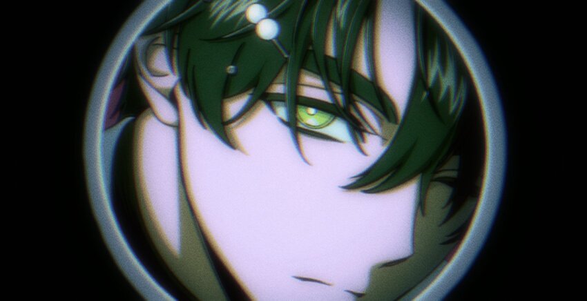 1boy, 4littlemore, black_background, chromatic_aberration, close-up, film_grain, green_eyes, green_hair