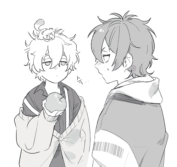 2boys, aged_down, animal, animal_on_head, apple, barcode, blonde_hair, brown_eyes