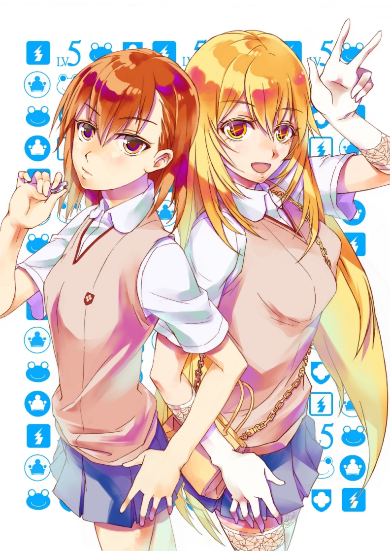 +_+, 2girls, :d, arm_up, back-to-back, bag, blonde_hair, breasts