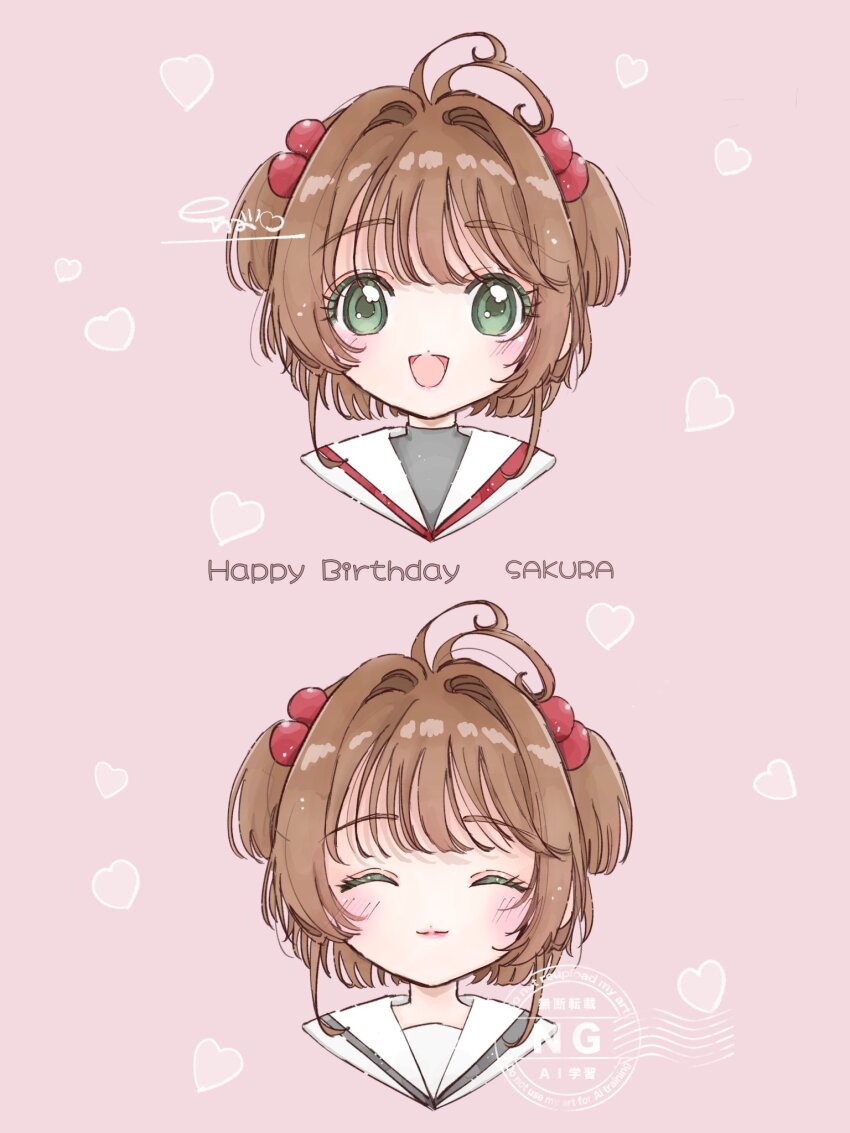 1girl, antenna_hair, brown_hair, cardcaptor_sakura, character_name, commentary_request, cropped_head, green_eyes, hair_bobbles, hair_intakes, hair_ornament, happy_birthday, heart, heart_background, highres, kinomoto_sakura, light_blush, looking_at_viewer, multiple_views, pink_background, sailor_collar, sakuraloveeeee1, sidelocks, signature, simple_background, smile, two_side_up, watermark, white_sailor_collar