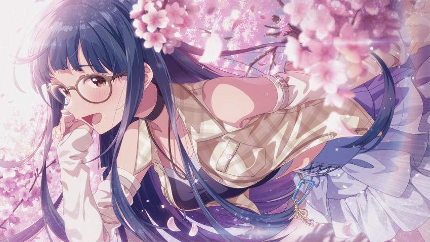1girl, :d, anime_coloring, arm_belt, bare_shoulders, belt, belt_buckle, bespectacled, black_choker, blue_hair, blue_skirt, blunt_bangs, blush, branch, brown-framed_eyewear, brown_eyes, buckle, buttons, cherry_blossoms, choker, collared_vest, cross-laced_clothes, cross-laced_skirt, detached_sleeves, falling_petals, floating_hair, flower, game_cg, glasses, hair_down, idolmaster, idolmaster_million_live!, idolmaster_million_live!_theater_days, jewelry, kitakami_reika, kitakami_reika_(ordinary_smiley), long_hair, long_sleeves, midriff, navel, necklace, official_art, open_mouth, petals, pink_flower, pink_petals, plaid_clothes, skirt, smile, spring_(season), straight_hair, third-party_source, tree, vest, white_sleeves, yellow_vest