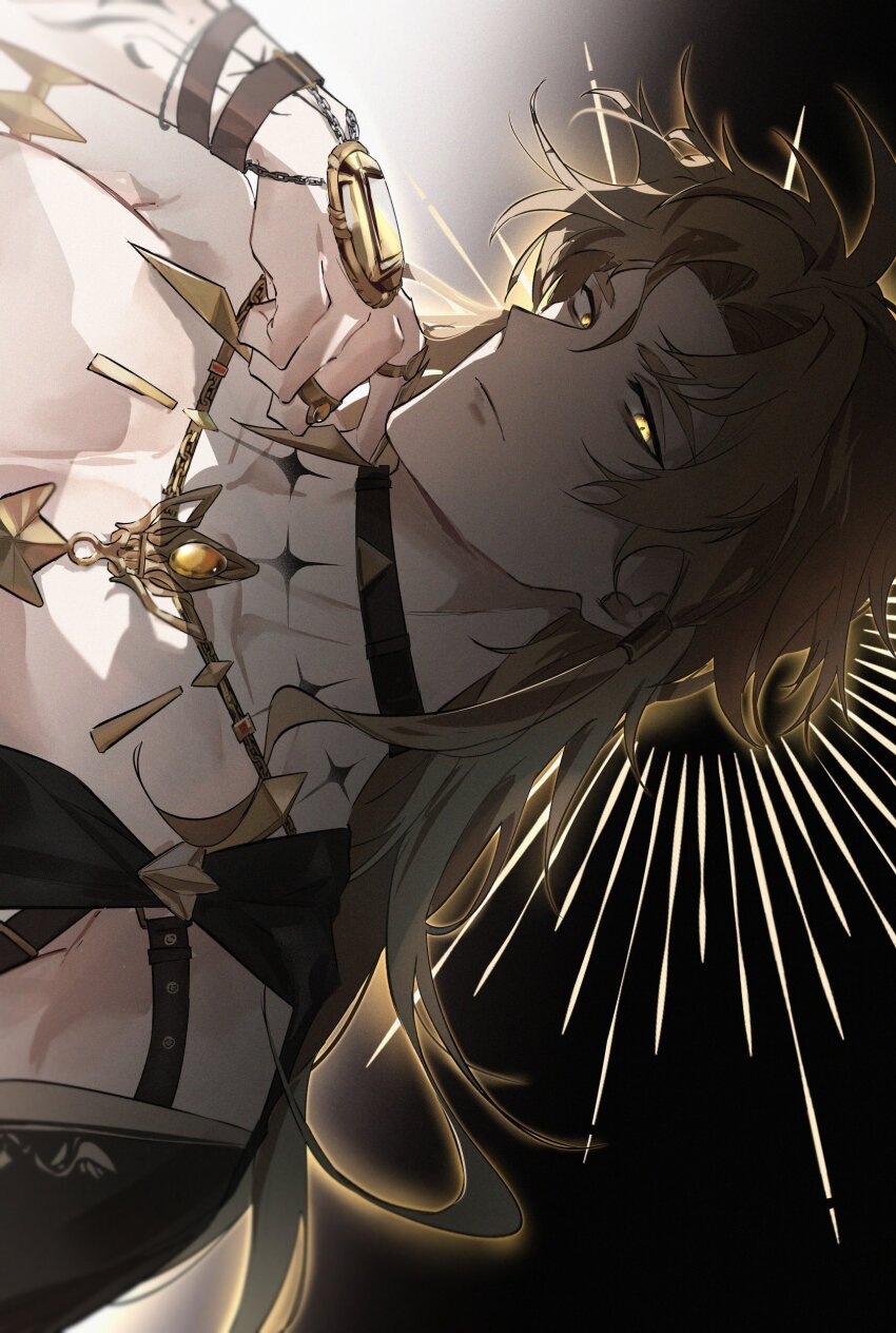 1boy, absurdres, bags_under_eyes, bare_pectorals, bare_shoulders, black_background, blonde_hair, bracelet, choker, closed_mouth, commentary_request, gem, glowing, glowing_eyes, highres, jewelry, large_pectorals, light_rays, long_hair, male_focus, mmm_yu72, muscular, necklace, nu_carnival, official_alternate_costume, official_alternate_hairstyle, pectoral_cleavage, pectorals, quincy_(countless_conquests)_(nu_carnival), quincy_(nu_carnival), ring, shaded_face, short_hair, simple_background, slit_pupils, topless_male, yellow_eyes, yellow_gem