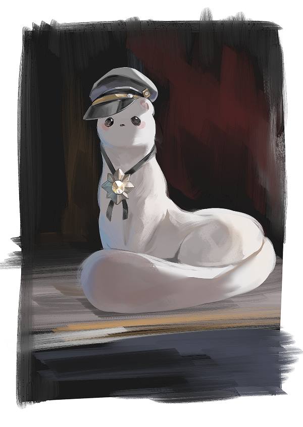 animal, badge, blurry, blurry_background, blush, commentary_request, ermine, ferret