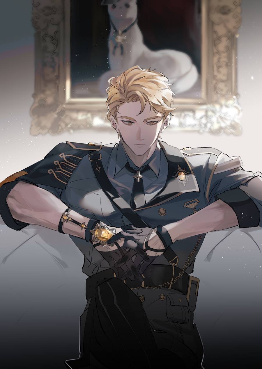 1boy, badge, bags_under_eyes, belt, black_gloves, black_necktie, blonde_hair, blue_shirt