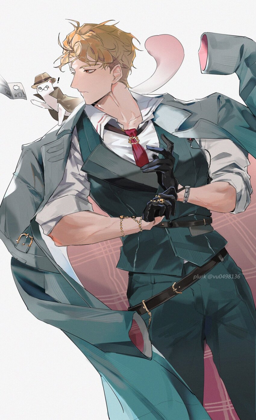 1boy, adjusting_clothes, adjusting_gloves, animal, animal_on_shoulder, artist_name, bags_under_eyes, belt, black_gloves, blonde_hair, bracelet, clothed_animal, coat, coat_on_shoulders, collared_shirt, commentary_request, covered_pectorals, dress_shirt, ermine, ferret, formal_clothes, gem, gloves, green_pants, grey_background, grey_coat, grey_vest, hair_between_eyes, hat, highres, jewelry, looking_to_the_side, male_focus, mmm_yu72, multiple_belts, muscular, muscular_male, necktie, newspaper, nu_carnival, official_alternate_costume, open_clothes, open_coat, orange_eyes, pants, pectorals, plaid_clothes, plaid_coat, quincy_(hidden_code)_(nu_carnival), quincy_(nu_carnival), red_lining, red_necktie, shirt, short_hair, simple_background, sleeves_rolled_up, standing, suit, taut_clothes, tight_clothes, topper_(nu_carnival), trench_coat, unworn_coat, veins, veiny_arms, vest, watch, weasel, white_shirt, wristwatch, yellow_gem