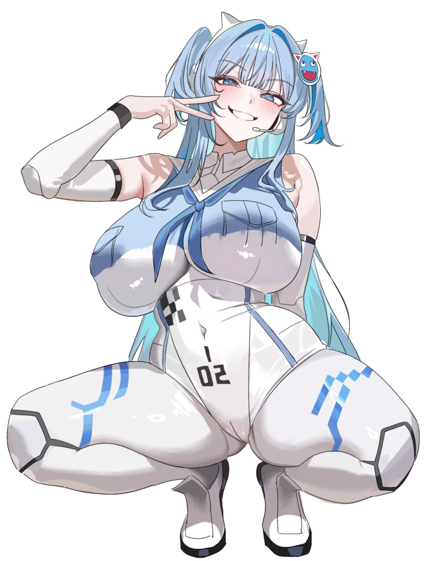 1girl, animal_ear_headphones, animal_ears, april_fools, aqua_hair, blue_eyes, blue_hair, bodypaint