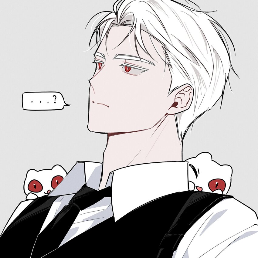 ..., 1boy, ?, adam's_apple, animal, animal_on_shoulder, black_necktie, black_vest, bright_pupils, colored_eyebrows, colored_eyelashes, commentary_request, dress_shirt, formal_clothes, grey_background, gwechul, highres, k7zplufsrrqspa6, korean_commentary, lee_jaheon, looking_to_the_side, male_focus, necktie, red_eyes, shirt, short_hair, simple_background, slit_pupils, speech_bubble, upper_body, vest, white_eyelashes, white_hair, white_pupils, white_shirt