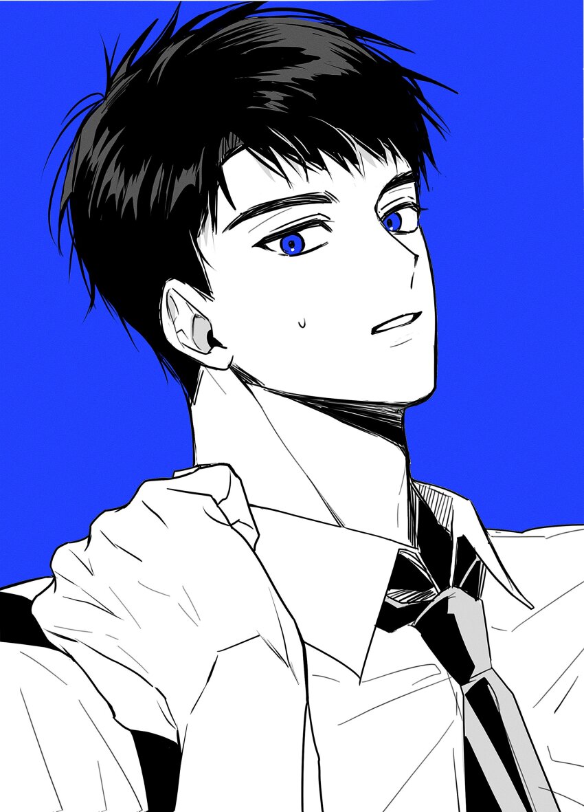 1boy, absurdres, black_hair, black_necktie, blue_background, blue_eyes, commentary_request, dress_shirt