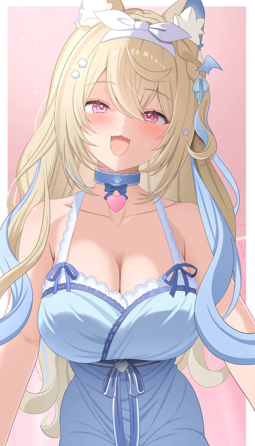 1girl, animal_ear_fluff, animal_ears, babydoll, blonde_hair, blue_babydoll, blue_streaks, blush