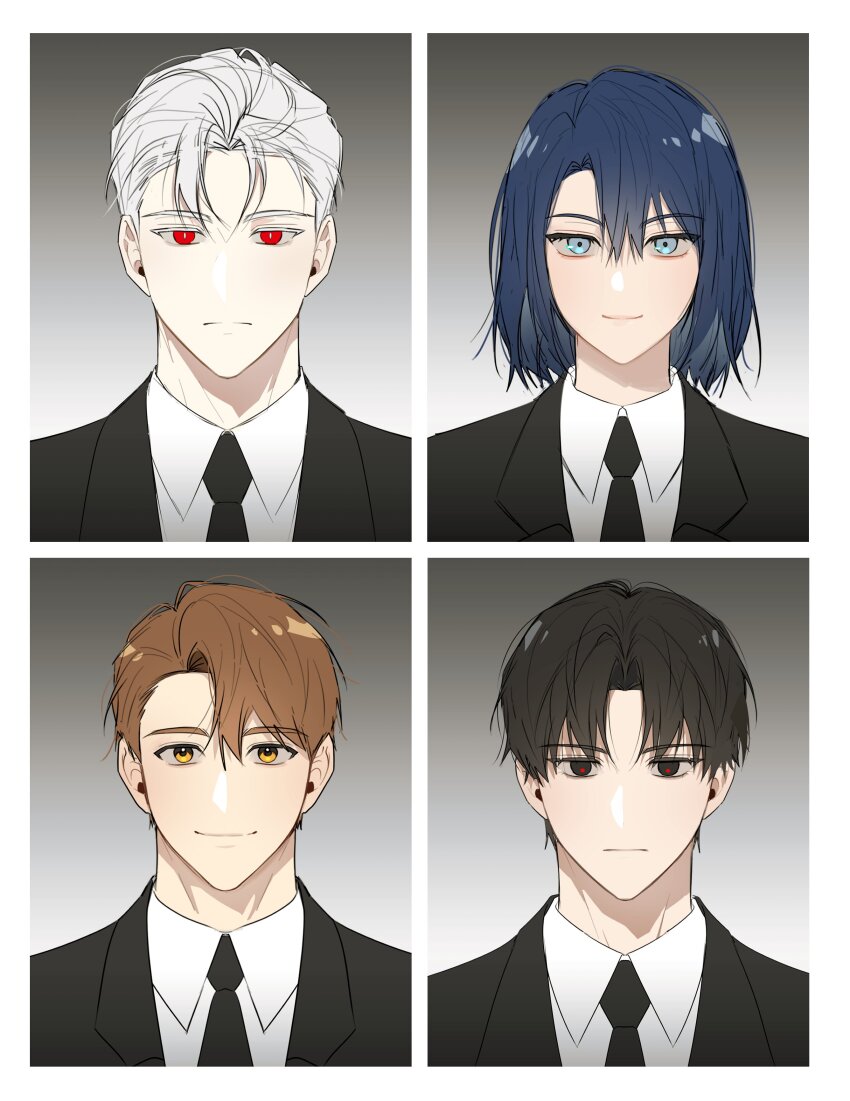 4boys, absurdres, black_eyes, black_hair, black_jacket, black_necktie, black_suit, blue_eyes, blue_hair, bright_pupils, brown_hair, close-up, colored_eyebrows, colored_eyelashes, commentary_request, dress_shirt, formal_clothes, gradient_background, grey_background, gwechul, highres, jacket, k7zplufsrrqspa6, kim_soleum, korean_commentary, large_pectorals, lee_jaheon, looking_at_viewer, male_focus, multiple_boys, muscular, necktie, pectoral_cleavage, pectorals, piercing, portrait, red_eyes, red_pupils, shirt, short_hair, slit_pupils, smile, suit, suit_jacket, upper_body, white_hair, white_pupils, white_shirt, yellow_eyes