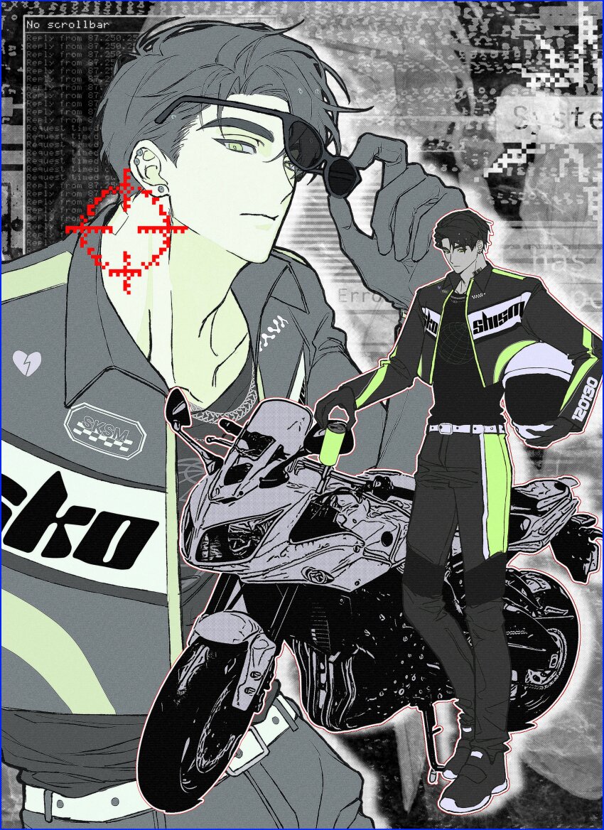 4littlemore, absurdres, adam's_apple, adjusting_eyewear, barcode, barcode_tattoo, belt, black_gloves