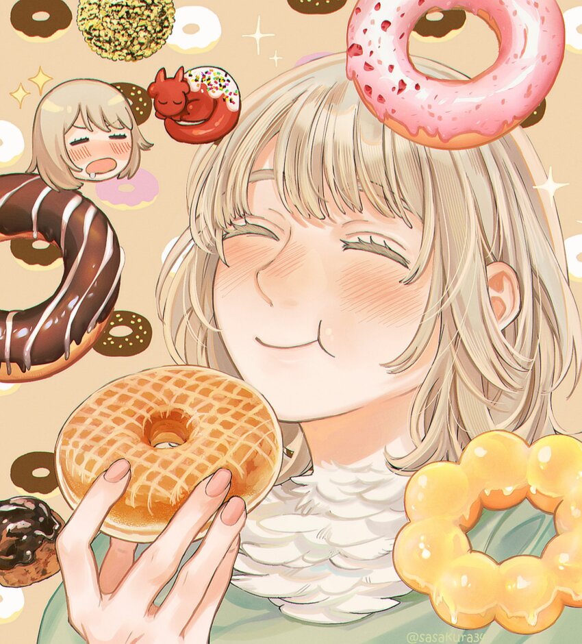 1girl, alt_text, blonde_hair, blush, brown_background, chibi, chibi_inset, chocolate_donut, closed_eyes, closed_mouth, colored_eyelashes, commentary_request, donut, drooling, dungeon_meshi, eating, falin_touden, falin_touden_(tallman), feathers, food, glazed_donut, green_shirt, hand_up, happy, highres, holding, holding_donut, holding_food, nose_blush, open_mouth, pink_donut, pon_de_ring, red_dragon_(dungeon_meshi), sasakura34, shirt, short_hair, sparkle, twitter_username, upper_body, white_feathers
