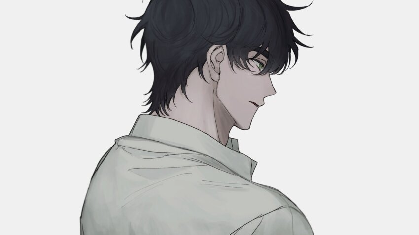 1boy, 4littlemore, black_hair, collared_shirt, from_behind, green_eyes, highres, looking_at_viewer