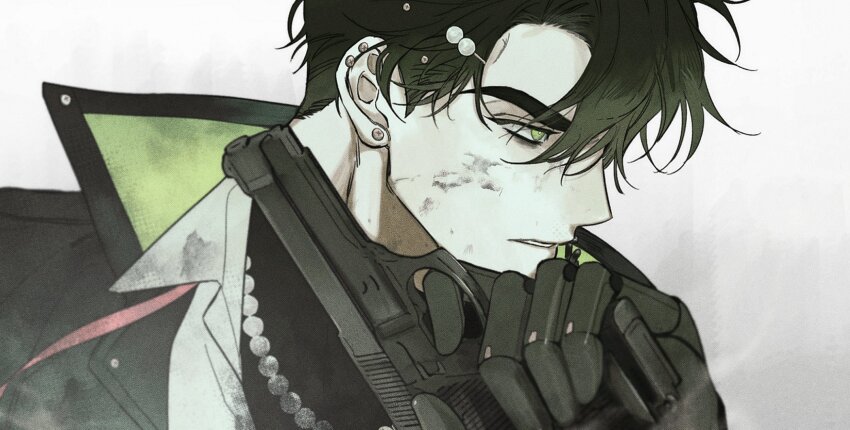 1boy, 4littlemore, barcode, barcode_tattoo, black_coat, black_hair, close-up, coat