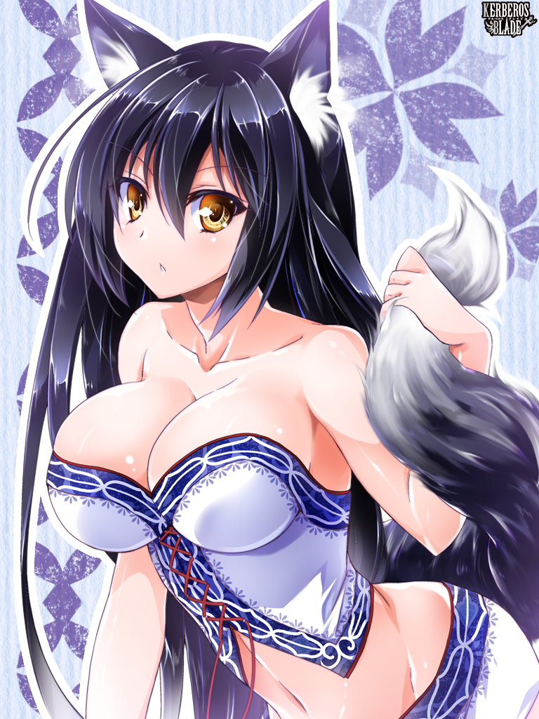 1girl, animal_ears, asio_(asiogimuto), bare_shoulders, black_hair, breasts, cleavage, copyright_name, hair_between_eyes, kerberos_blade, large_breasts, leaning_forward, long_hair, looking_at_viewer, midriff, navel, sakimori_hibiki, shirt, short_shorts, shorts, solo, tail, white_shirt, yellow_eyes