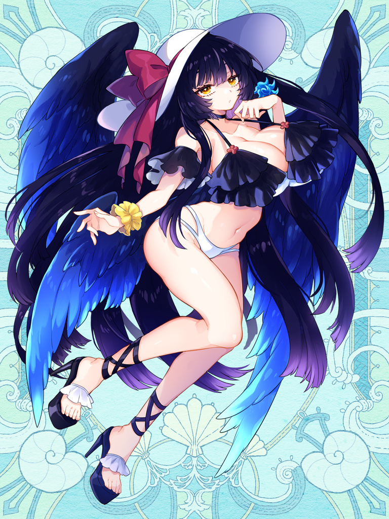 1girl, bikini, black_hair, black_wings, blue_background, blue_wings, bow, breasts