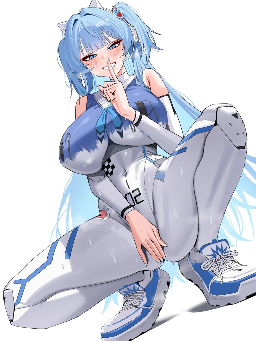 1girl, absurdres, animal_ear_headphones, animal_ears, ass, blue_eyes, blue_hair, blue_nails