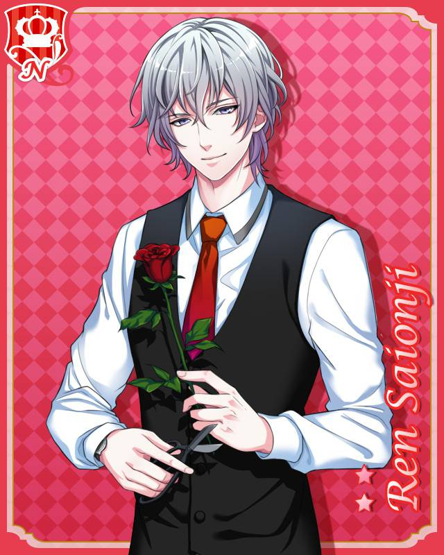 1boy, black_vest, boyfriend_(kari), card_(medium), character_name, checkered_background, flower, grey_eyes