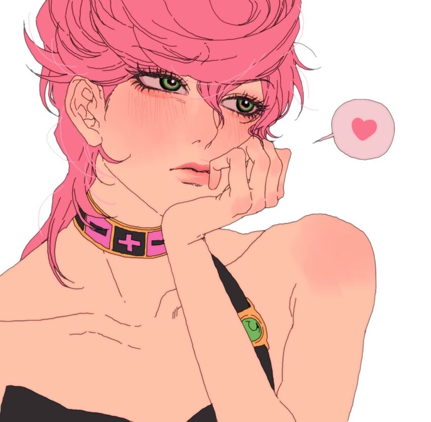 1girl, blush, bug, heart, highres, insect, jojo_no_kimyou_na_bouken, ladybug, pink_hair, simple_background, solo, sos911p, spotted_hair, trish_una, upper_body, vento_aureo, victory_rolls, white_background