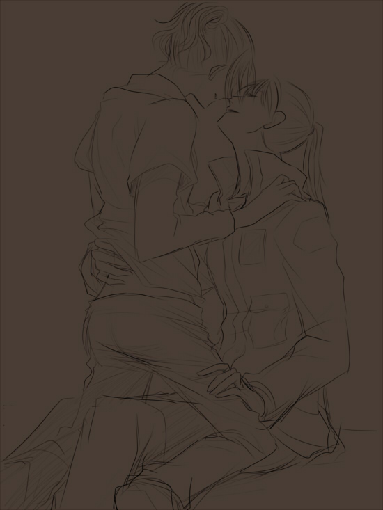 2girls, bad_id, bad_pixiv_id, brown_theme, code_blue, hair_over_eyes, hand_on_thigh, hand_under_clothes