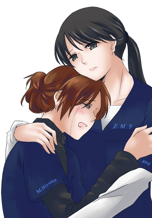 2girls, black_hair, brown_hair, character_name, code_blue, couple, closed_eyes, hair_up, hiyama_mihoko, holding, hug, kanata_(sentiment), multiple_girls, ponytail, sad, shiraishi_megumi, tears, yuri