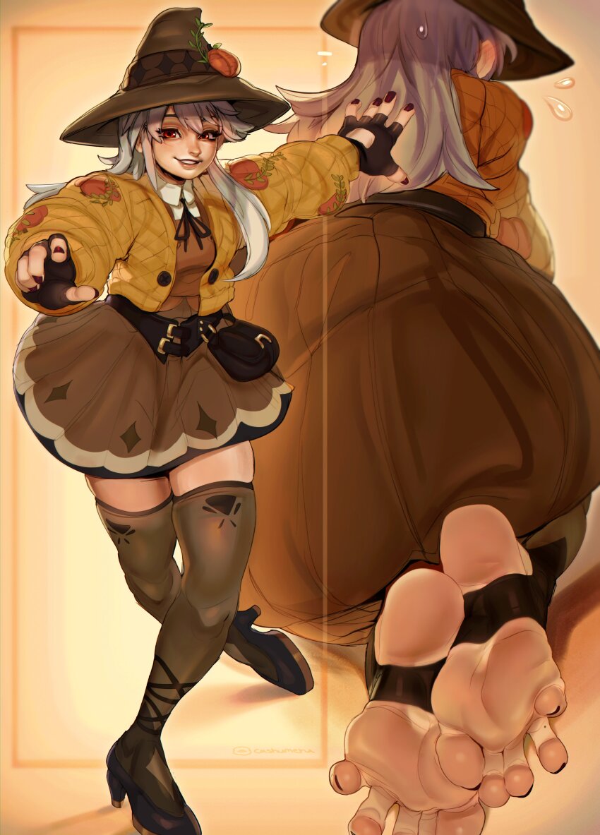 1girl, absurdres, bag, belt, black_bag, black_nails, brown_skirt, cashumeru