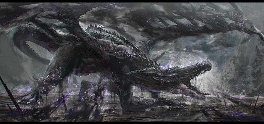 commentary, dark_souls_(series), dark_souls_iii, darkeater_midir, dragon, field_of_blades, horns, kazo_(kazozakazo)