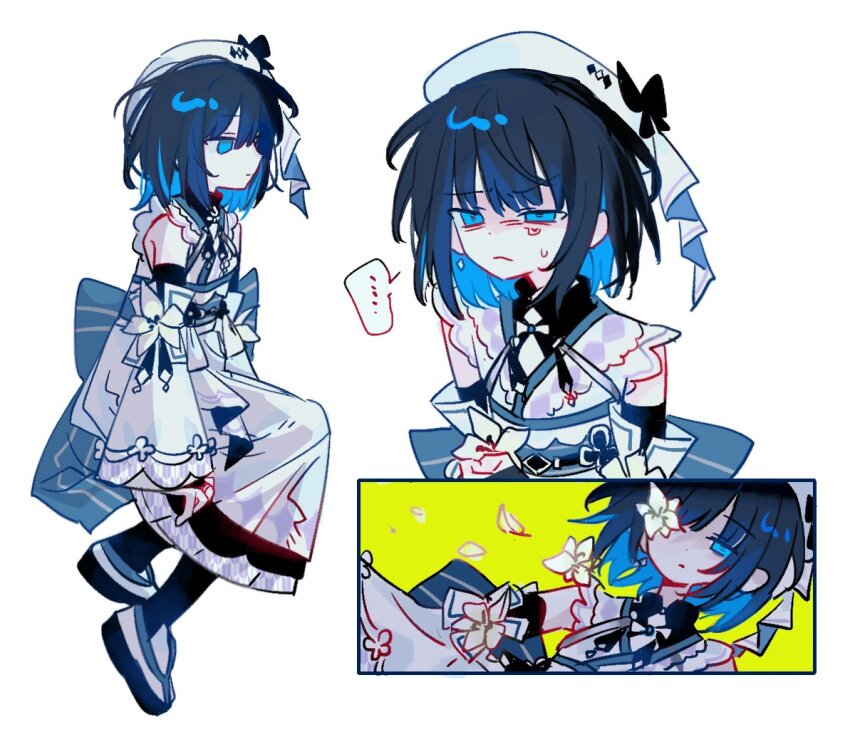 1girl, beret, black_hair, blue_eyes, blue_hair, colored_inner_hair, crying, crying_with_eyes_open