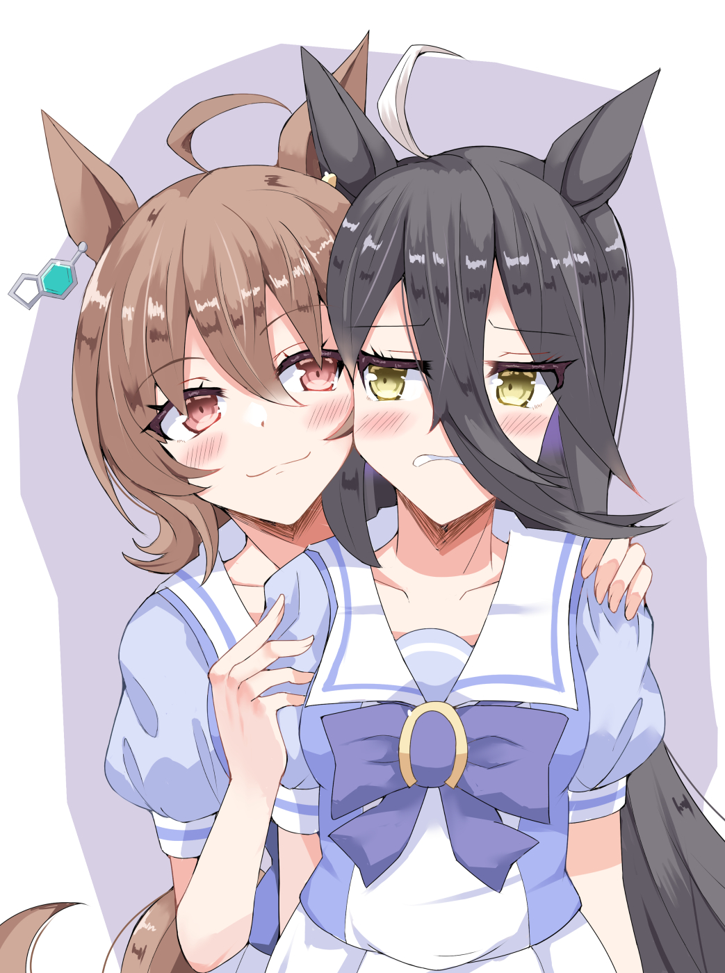 2girls, agnes_tachyon_(umamusume), ahoge, animal_ears, bankshill, black_hair, blush, chemical_structure, commentary_request, ear_ornament, earrings, embarrassed, hair_between_eyes, hand_on_another's_arm, hand_on_another's_shoulder, highres, horse_ears, horse_girl, horse_tail, jewelry, long_bangs, long_hair, long_hair_between_eyes, manhattan_cafe_(umamusume), multicolored_hair, multiple_girls, parted_lips, pleated_skirt, puffy_short_sleeves, puffy_sleeves, purple_background, purple_shirt, red_eyes, sailor_collar, school_uniform, shirt, short_sleeves, single_earring, skirt, tail, thighhighs, tracen_school_uniform, umamusume, very_long_hair, white_hair, white_sailor_collar, white_shirt, white_skirt, yellow_eyes, yuzuki_yukari, yuzuki_yukari_(shizuku)