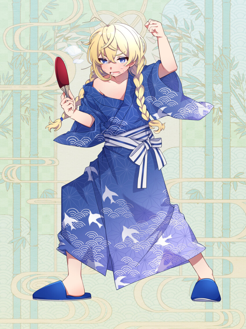 1girl, blonde_hair, blue_eyes, blue_kimono, blue_slippers, braid, breasts, chain_paradox