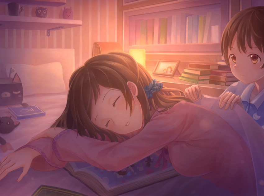 1boy, 1girl, bed, bedroom, book, breasts, brother_and_sister, brown_eyes