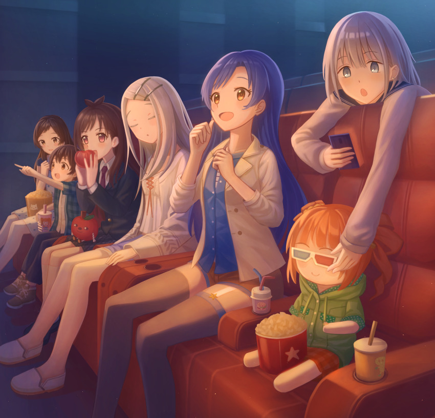 1boy, 3d_glasses, 5girls, absurdres, apple, black_thighhighs, blue_hair, blue_shirt, brother_and_sister, brown_eyes, brown_hair, brown_jacket, brown_shorts, cellphone, character_doll, closed_eyes, commentary_request, delphi_(ga2006230312), doll, drink, drinking_straw, food, fruit, gakuen_idolmaster, grey_hair, highres, holding, holding_food, holding_fruit, holding_phone, idolmaster, idolmaster_(classic), idolmaster_cinderella_girls, idolmaster_million_live!, idolmaster_shiny_colors, in-franchise_crossover, indoors, jacket, kisaragi_chihaya, kitazawa_riku, kitazawa_shiho, long_hair, movie_theater, multiple_girls, open_mouth, phone, pointing, popcorn, ringorou_(idolmaster), serizawa_asahi, shinosawa_hiro, shirt, shoes, short_hair, shorts, siblings, sitting, sleeping, smartphone, smile, takatsuki_yayoi, thighhighs, tsujino_akari, white_shoes