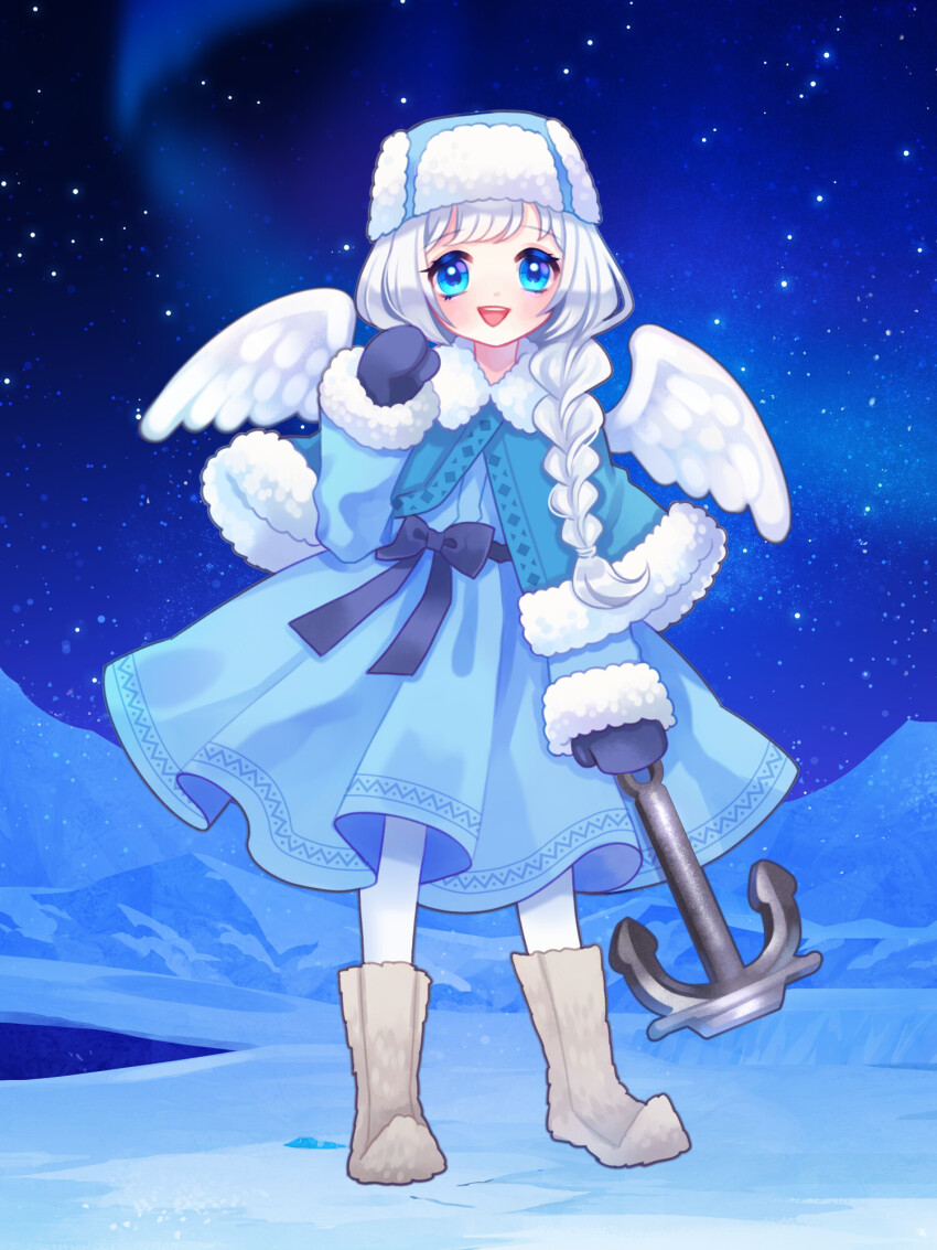 1girl, :d, anchor, angel_wings, araragi_ran, black_bow, black_mittens, blue_eyes, blush, boots, bow, braid, capelet, chain_paradox, coat, dress, full_body, fur-trimmed_capelet, fur_boots, fur_trim, hat, highres, mittens, open_mouth, pantyhose, pinkmm, smile, solo, standing, white_hair, white_pantyhose, wings