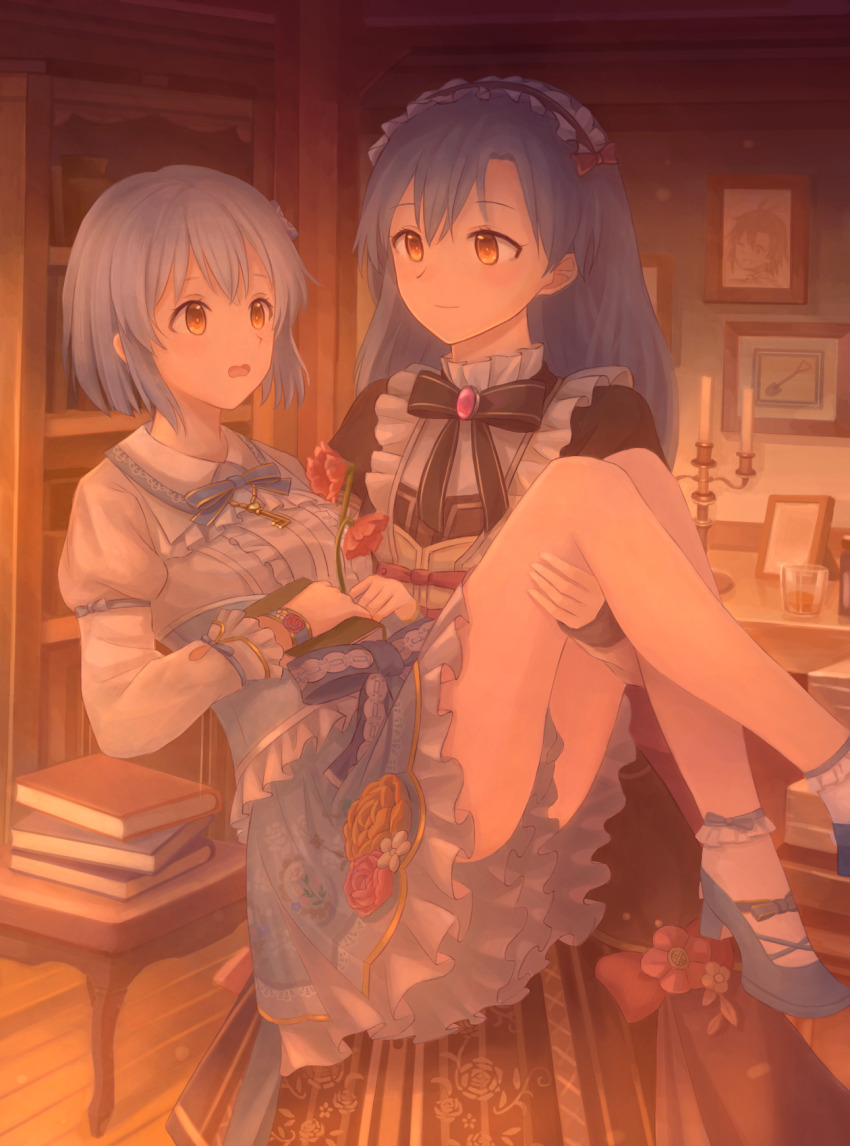 2girls, black_bow, black_bowtie, black_dress, blue_hair, blue_shoes, blue_skirt, book, bookshelf, bow, bowtie, candlestand, carrying, closed_mouth, commentary, delphi_(ga2006230312), dress, eye_contact, floral_print, floral_print_skirt, frilled_skirt, frills, hagiwara_yukiho, high_heels, highres, idolmaster, idolmaster_(classic), idolmaster_million_live!, idolmaster_million_live!_theater_days, indoors, kisaragi_chihaya, kisaragi_chihaya_(kokororian), long_sleeves, looking_at_another, maid_headdress, multiple_girls, official_alternate_costume, official_alternate_hair_color, orange_eyes, princess_carry, print_skirt, shirt, shoes, skirt, smile, table, white_hair, white_shirt