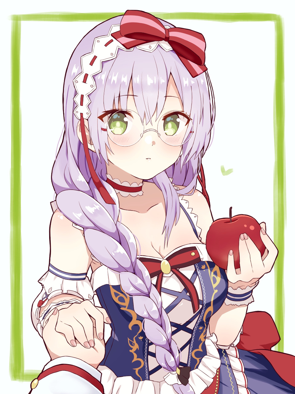 2girls, \m/, apple, bare_shoulders, blush, bow, braid, braided_ponytail