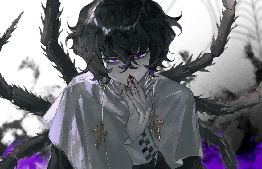 1boy, arthropod_limbs, black_hair, black_shirt, blood, blood_on_hands, capelet, chinese_commentary