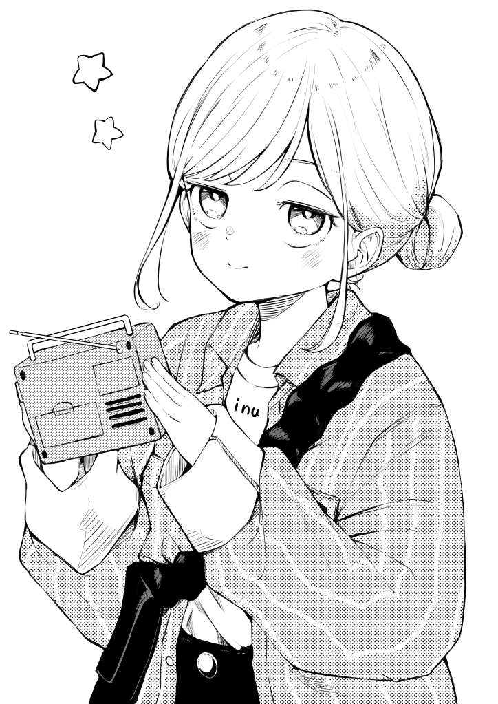 1girl, blush, closed_mouth, collared_jacket, commentary_request, hair_bun, holding, holding_radio