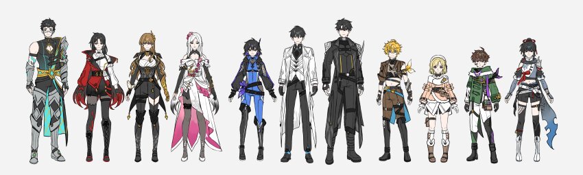 6+boys, 6+girls, above-cleavage_cutout, absurdres, alternate_costume, armor, baggy_clothes, black_bodysuit, black_coat, black_gloves, black_hair, black_jacket, black_shirt, black_shorts, black_thighhighs, blonde_hair, bob_cut, bodysuit, boots, brown_hair, brown_jacket, clothing_cutout, coat, collared_shirt, commentary, crop_top, dress, english_commentary, everyone, facing_viewer, fingerless_gloves, flower, full_body, gauntlets, gloves, hair_flower, hair_ornament, halterneck, han_sooyoung, highres, honkai:_star_rail, honkai_(series), hood, hood_down, jacket, jang_hayoung, jung_heewon, kim_dokja, lee_gilyoung, lee_hyunsung, lee_jihye, lee_seolhwa, long_hair, multiple_boys, multiple_girls, omniscient_reader's_viewpoint, open_clothes, open_coat, papercider, pectoral_cleavage, pectorals, shin_yoosung, shirt, short_hair, shorts, shoulder_armor, single_off_shoulder, single_thighhigh, smile, standing, thighhighs, two-tone_dress, vest, white_coat, white_dress, white_hair, white_vest, yoo_joonghyuk, yoo_sangah, zettai_ryouiki