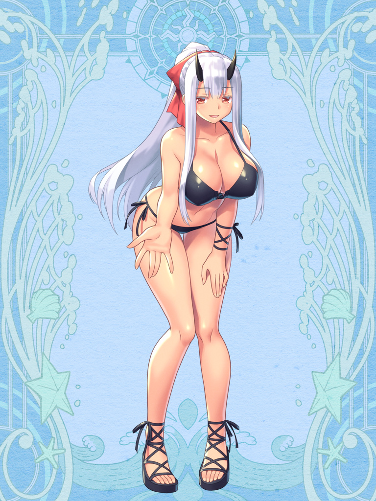 1girl, akito_akaishi, bikini, black_bikini, black_horns, blue_background, bow, breasts