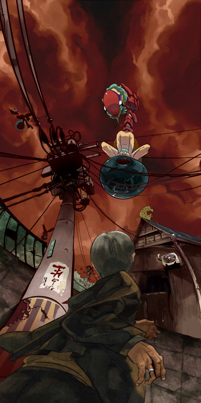 2boys, bird, black_hair, from_below, highres, house, jewelry, mononoke_(empty), monster, multiple_boys, original, power_lines, red_sky, ring, shachihoko, topless_male, sitting, sky, utility_pole, wire