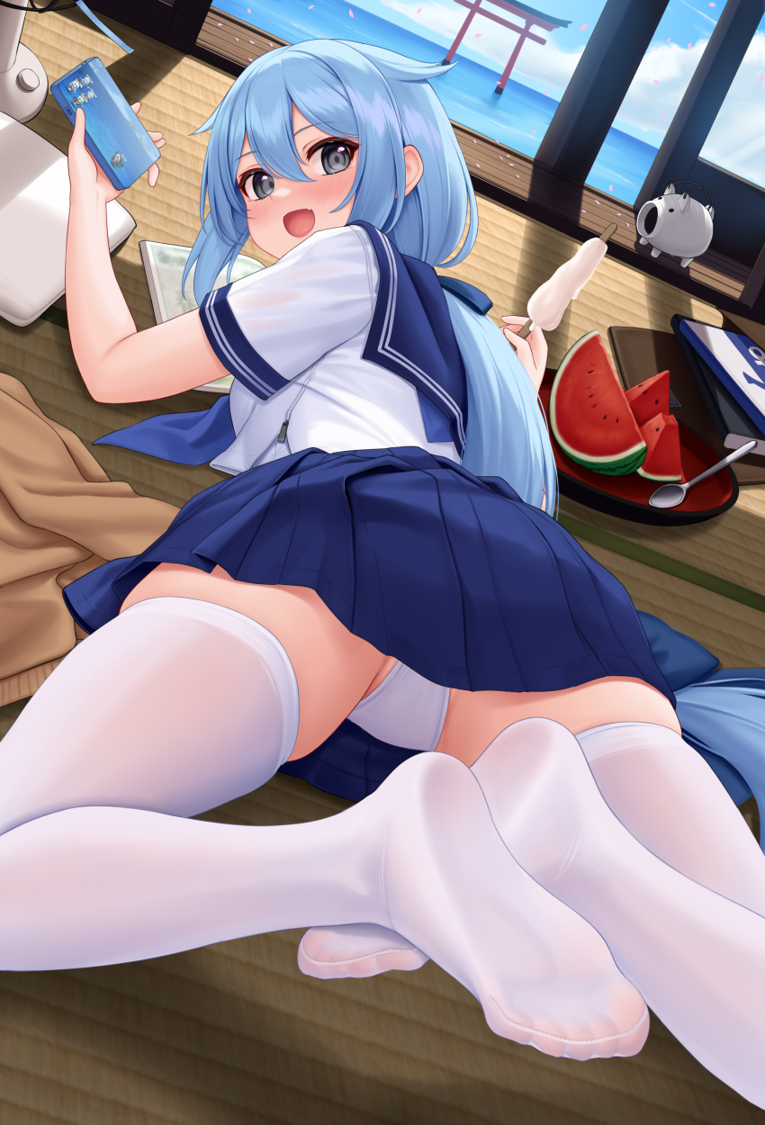 1girl, absurdres, allenes, blue_hair, bow, commentary_request, food, from_behind, fruit, grey_eyes, hair_bow, hatsuyuki_(warship_girls_r), highres, long_hair, looking_at_viewer, low-tied_long_hair, no_shoes, open_mouth, panties, pleated_skirt, popsicle, school_uniform, serafuku, skirt, solo, thighhighs, torii, underwear, very_long_hair, warship_girls_r, watermelon, watermelon_slice, white_panties, white_thighhighs