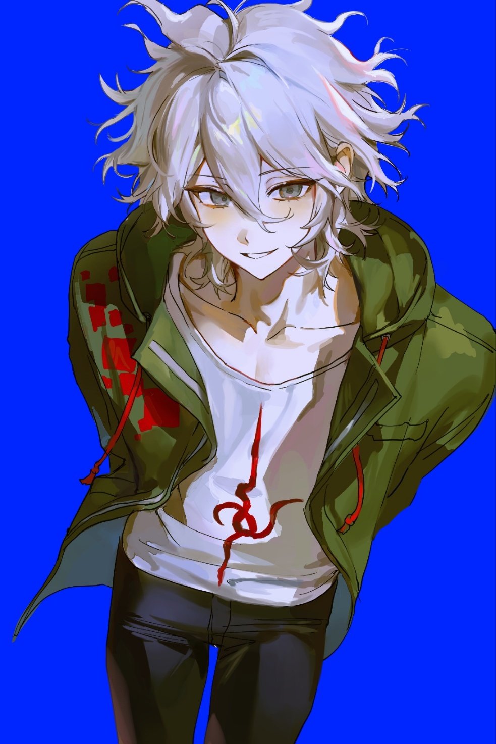 1boy, arms_behind_back, black_pants, blue_background, collarbone, commentary, danganronpa_(series), danganronpa_2:_goodbye_despair