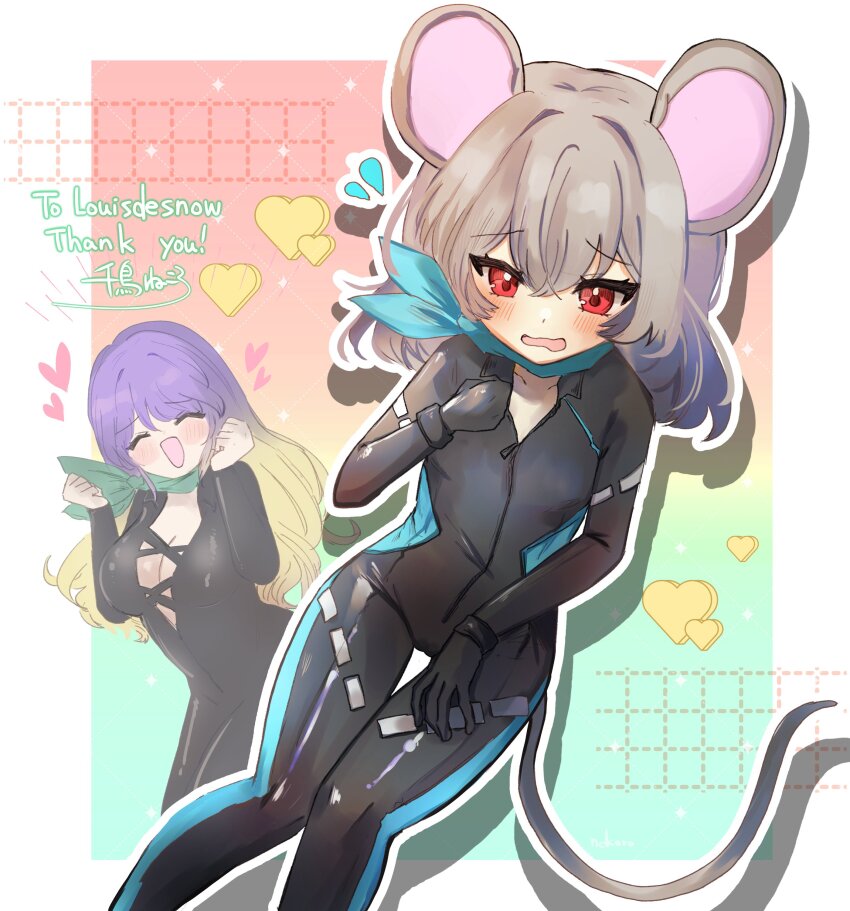 2girls, absurdres, alternate_costume, animal_ears, biker_clothes, bikesuit, black_bodysuit, black_gloves