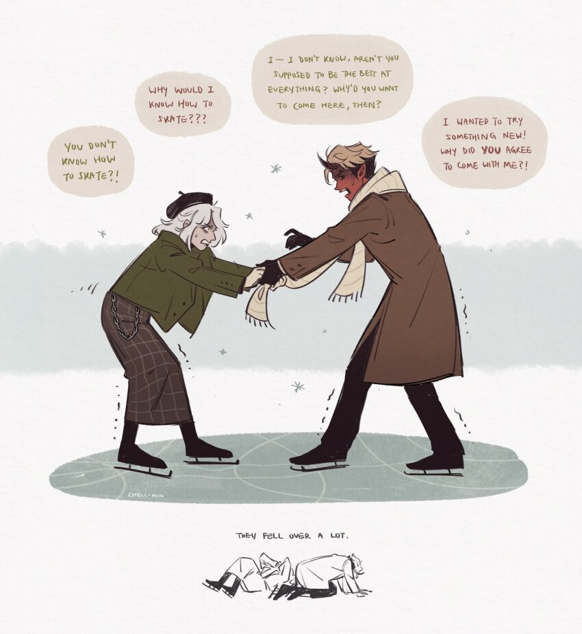 1boy, 1girl, apollo_(deadlock), beret, black_hair, blonde_hair, chain, chell_min_says, coat, colored_sclera, colored_skin, commentary, deadlock_(game), demon_horns, english_commentary, gloves, graves_(deadlock), hat, highres, horns, ice_skates, ice_skating, medium_hair, mittens, multicolored_hair, on_ice, plaid_clothes, plaid_skirt, red_skin, scarf, skates, skating, skirt, snow, snowing, speech_bubble, two-tone_hair, white_hair, winter, winter_clothes, yellow_eyes