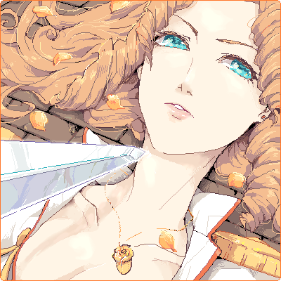 1990s_(style), 1girl, aqua_eyes, arisugawa_juri, breasts, cleavage, collarbone, curly_hair, female_focus, hoshida_(216), jewelry, locket, long_hair, lowres, neck, necklace, oekaki, orange_hair, pendant, retro_artstyle, shoujo_kakumei_utena, solo, sword, weapon