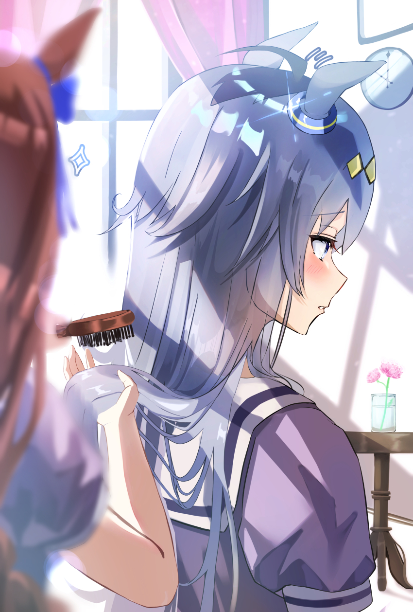 2girls, absurdres, ahoge, animal_ears, blue_eyes, blush, bow, brown_hair