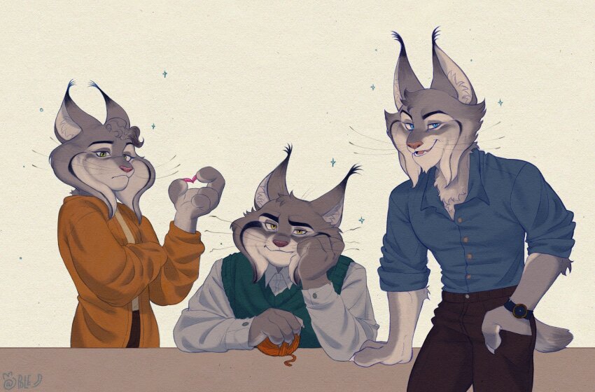 1girl, 2boys, animal_ears, blue_shirt, cardigan, cat_boy, cat_ears, cat_tail