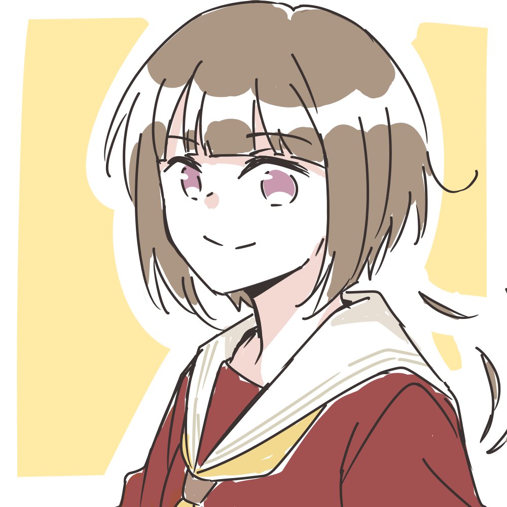 1girl, alternate_hair_length_(shorter), blunt_bangs, bob_cut, border, brown_dress, brown_hair, closed_mouth