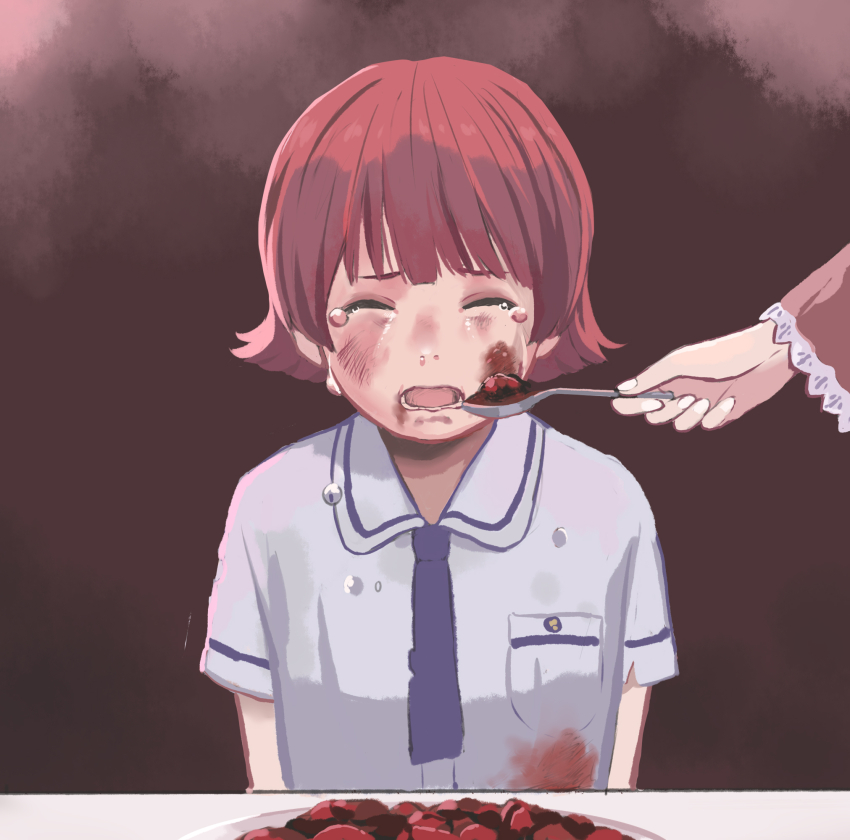 2girls, blood, blood_on_clothes, blue_necktie, breast_pocket, cannibalism, closed_eyes, commentary_request, crying, facing_viewer, feeding, food, highres, holding, holding_spoon, human_meat_consumption, idolmaster, idolmaster_million_live!, idolmaster_million_live!_theater_days, meat, multiple_girls, necktie, nico-chu, nonohara_akane, official_alternate_costume, open_mouth, out_of_frame, pocket, red_hair, shirt, short_hair, short_sleeves, solo_focus, spoon, tears, white_shirt