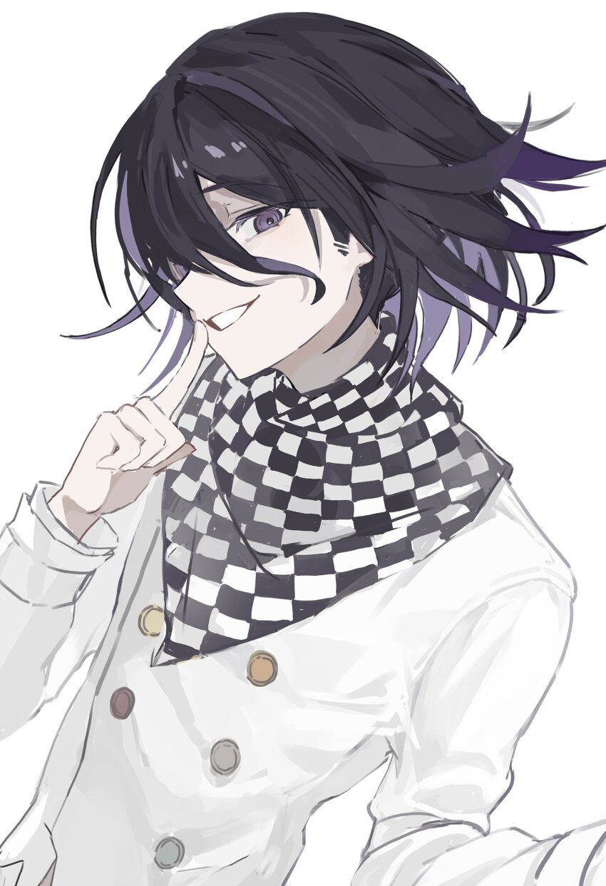 1boy, absurdres, arm_up, bandana, bandana_around_neck, black_hair, buttons, checkered_bandana, coat, danganronpa_(series), danganronpa_v3:_killing_harmony, dutch_angle, finger_to_mouth, grey_eyes, grin, hair_between_eyes, highres, kuryugi, layered_sleeves, long_sleeves, male_focus, oma_kokichi, parted_bangs, simple_background, smile, white_background, white_coat